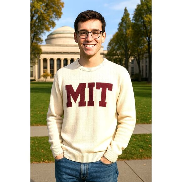MIT Sweater The Coop100% Off White Cotton Knit Applique Lettering Academia - Picture 2 of 8